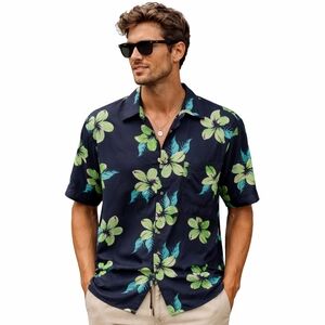 IZOD 100% Silk Navy Hawaiian Floral Button Down Shirt Size S